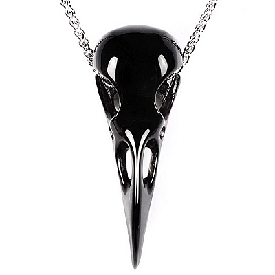 Necklace of Black Obsidian Carved Crystal Raven Skull Pendant with 925 Sterling Silver Chain